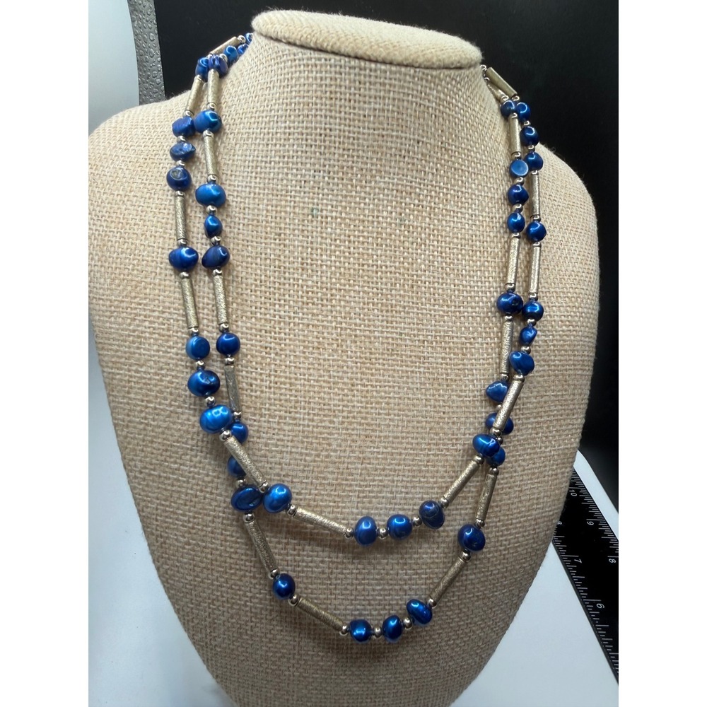 Blue Baroque Pearl Double Strand Necklace Silver Tone Bar Bead Statement 18-20in